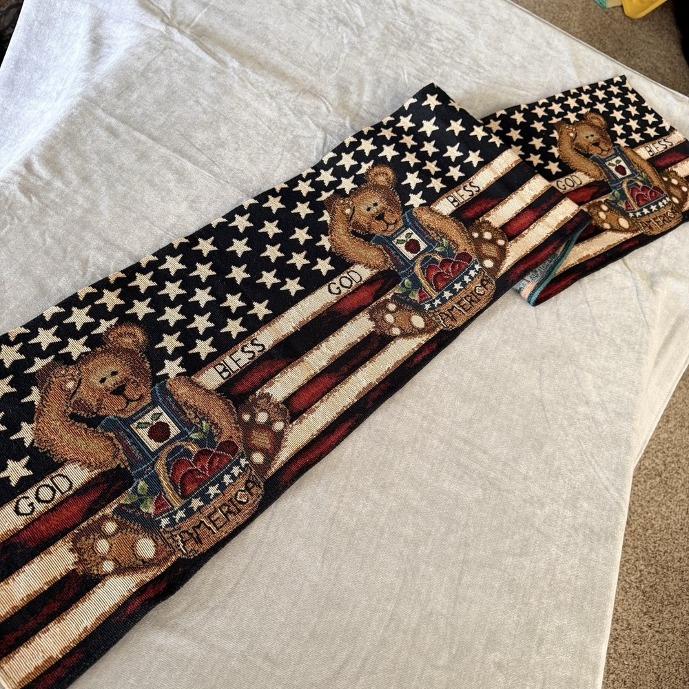 Patriotic Teddy Bear Americana Tapestry Table Runner Flag Bless God America